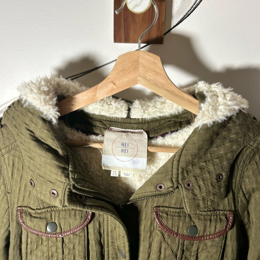 Hei Hei Olive Army Green Sherpa Lined Women’s Coat w/Pockets, Hood, Pockets, Med - Picture 2 of 16